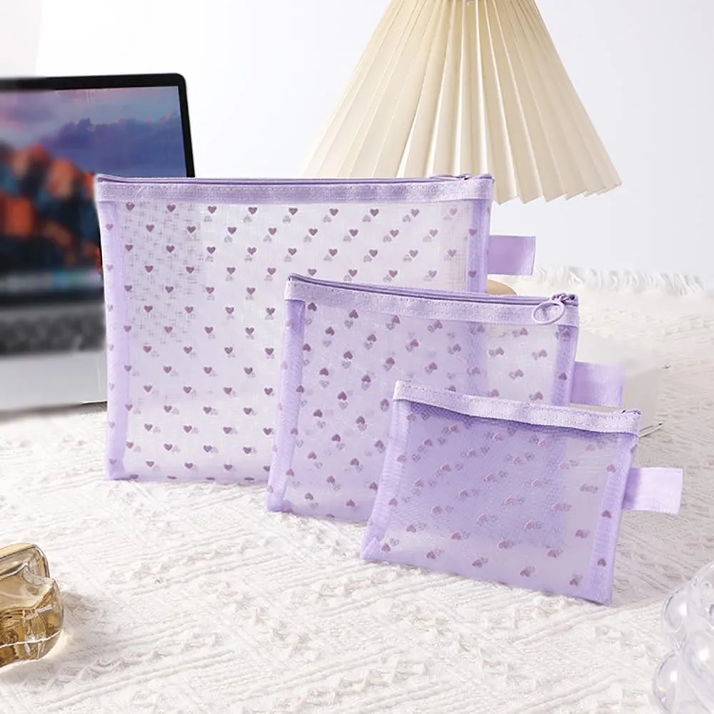 4 Pcs Heart Mesh Cosmetic Bags Cute Mesh Makeup Bag Different Size Toiletry Bags Coin Pouches Sanitary Napkin Storage Bag Make Up Organizer Pouch Small Storage Pouch with zipper Purple