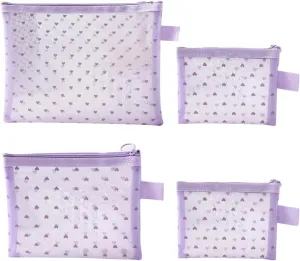 4 Pcs Heart Mesh Cosmetic Bags Cute Mesh Makeup Bag Different Size Toiletry Bags Coin Pouches Sanitary Napkin Storage Bag Make Up Organizer Pouch Small Storage Pouch with zipper Purple