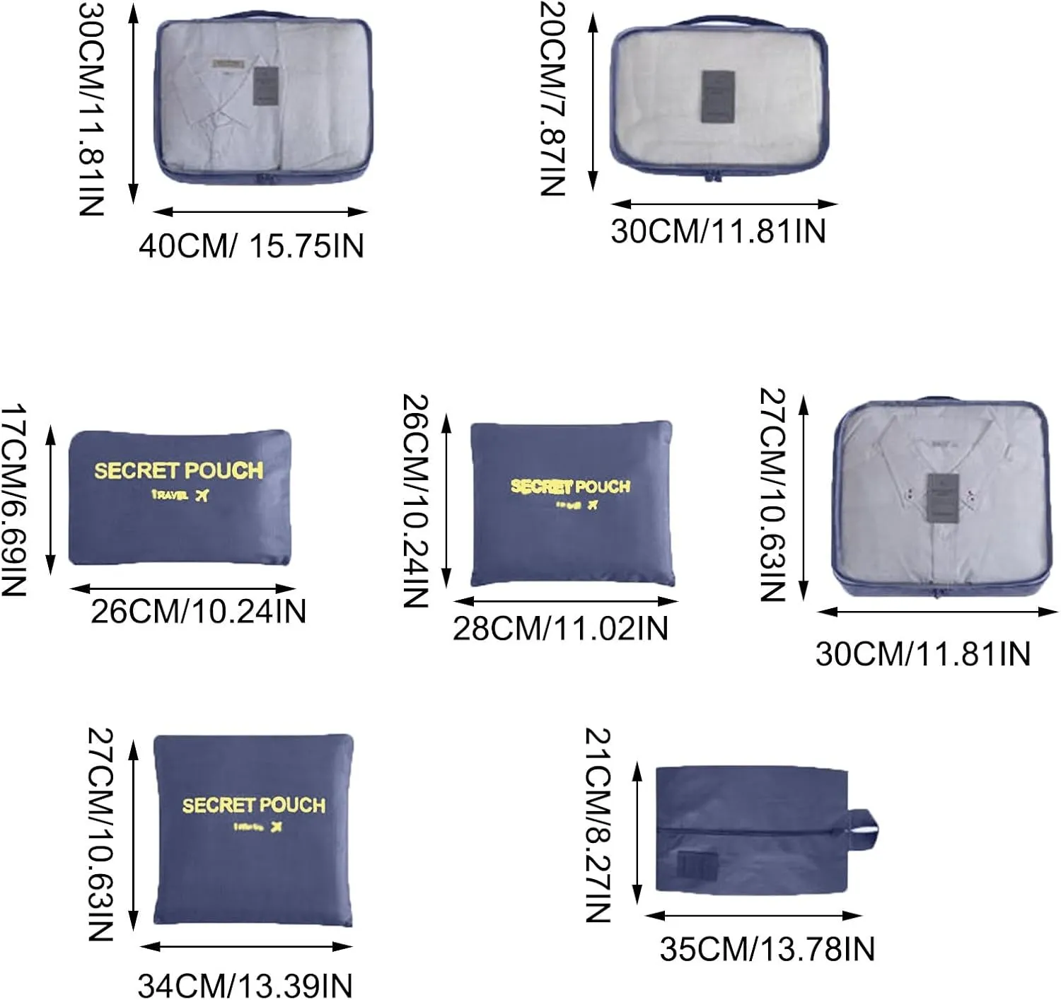 7 Set Packing Cubes for Suitcases, Travel Luggage Packing Organizers with Storage Shoe Bag, Clothing Underwear Bag, for Man & Women (L)