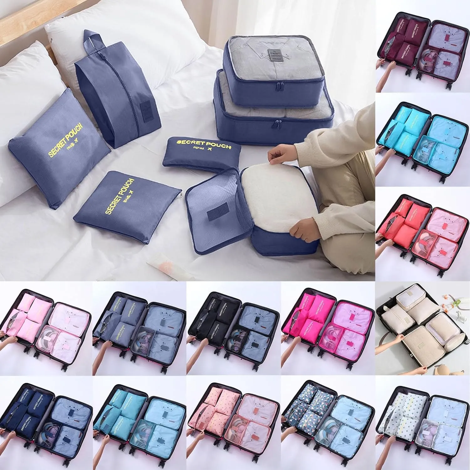 7 Set Packing Cubes for Suitcases, Travel Luggage Packing Organizers with Storage Shoe Bag, Clothing Underwear Bag, for Man & Women (L)