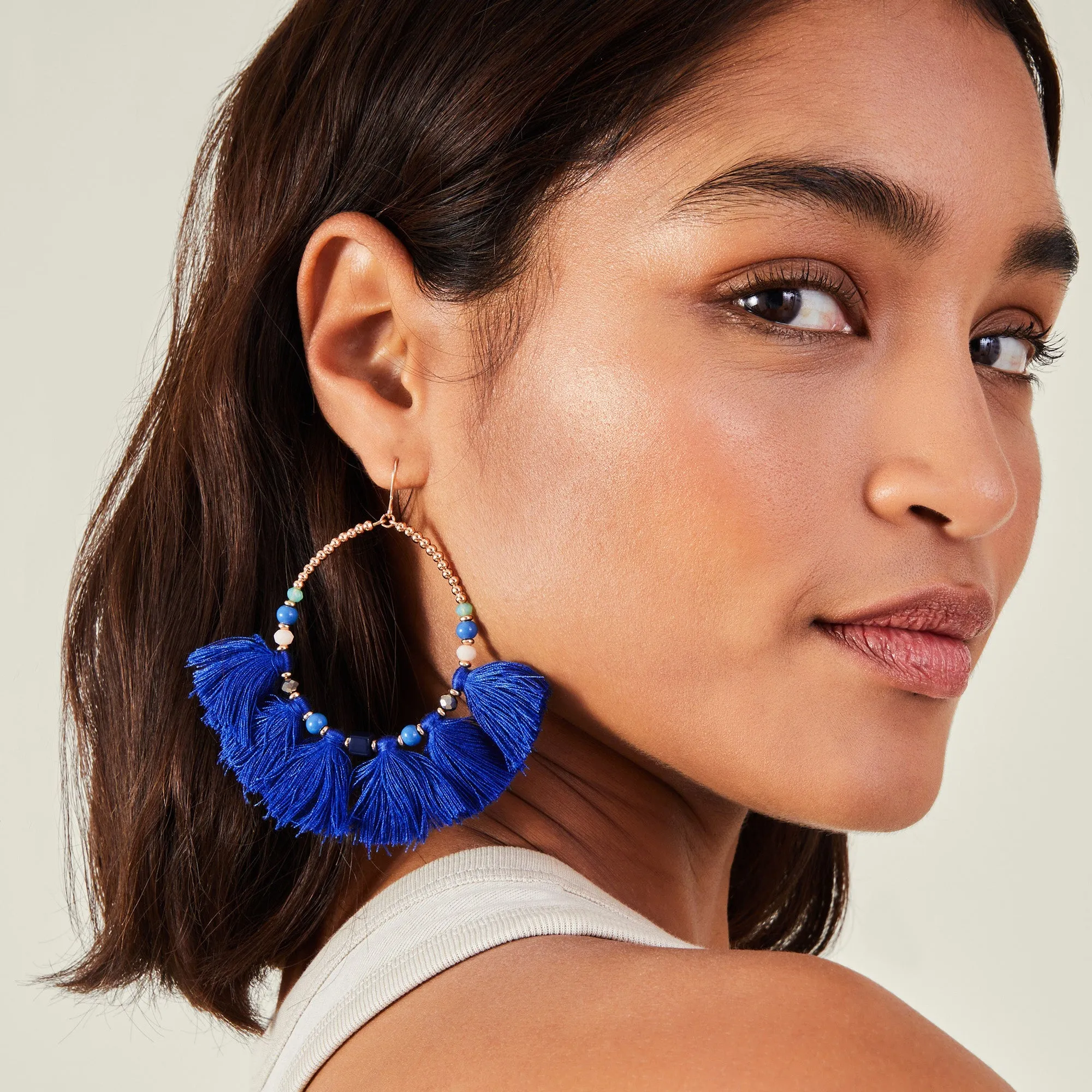 Accessorize London Women's Blue Fan Tassel Hoop Earrings
