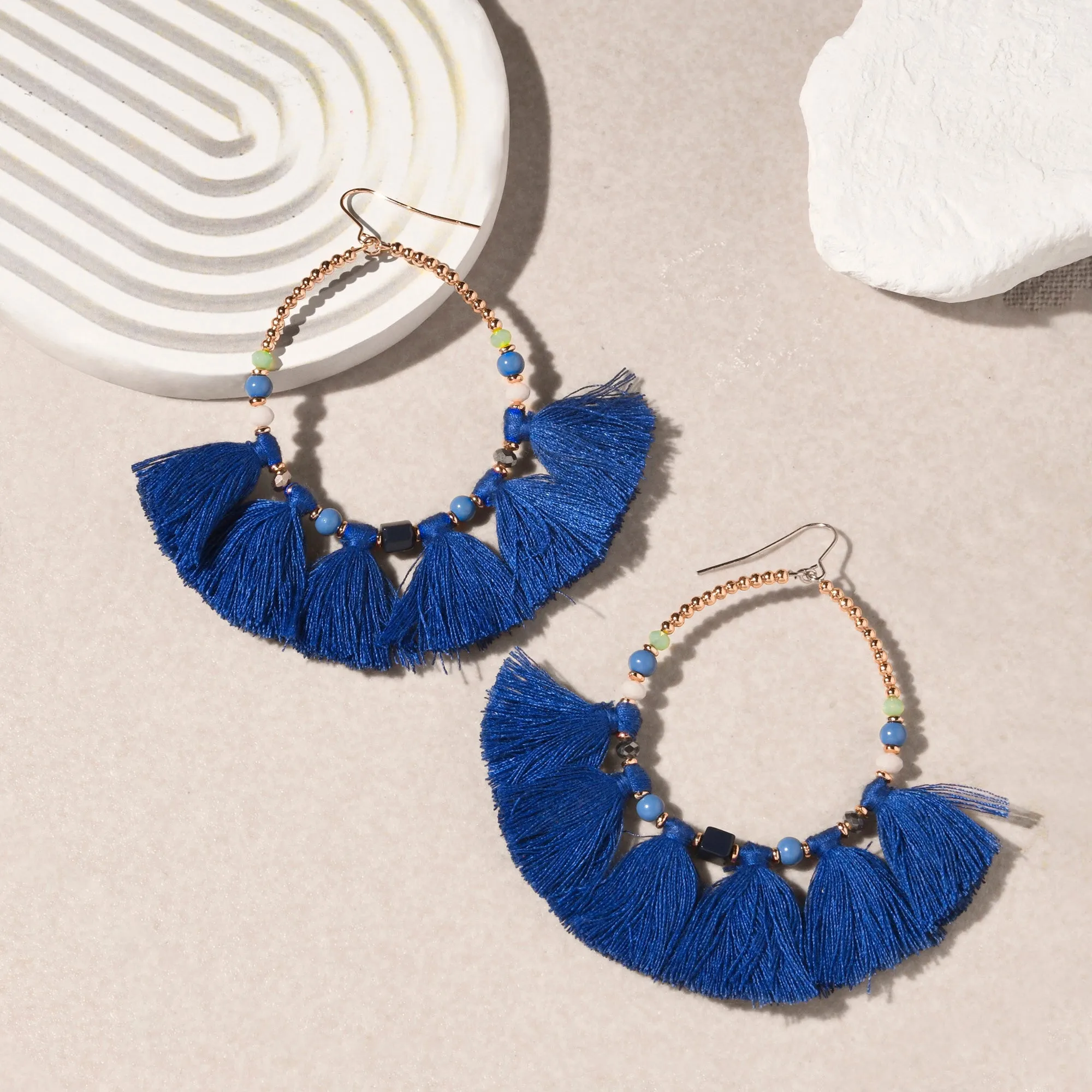 Accessorize London Women's Blue Fan Tassel Hoop Earrings