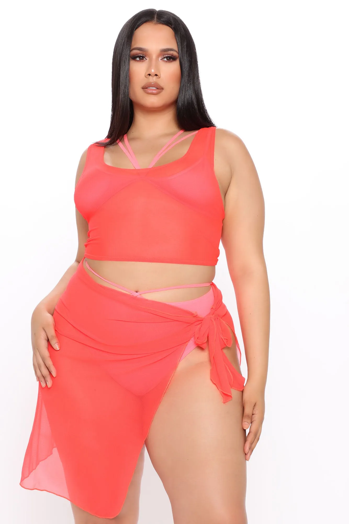 After Sunrise 2 Piece Mesh Cover Up Set - Neon Coral