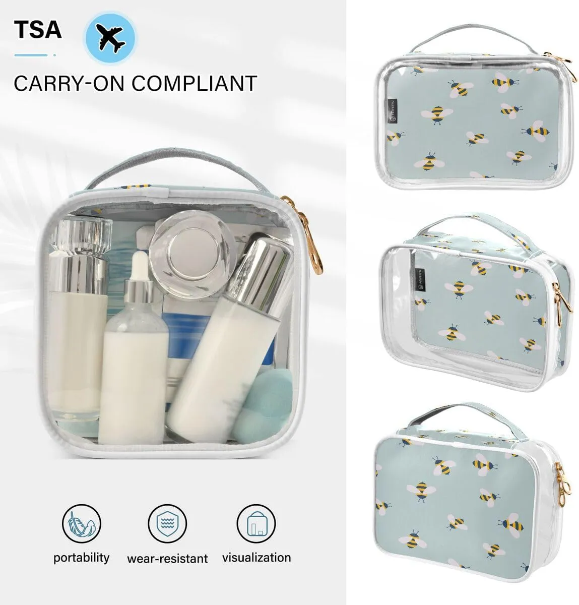 ALAZA Bee Green 2 Pcs Storage Bags Zippered Organizers Cosmetics Travel Case Toiletry Bag Transparent Tote Bags