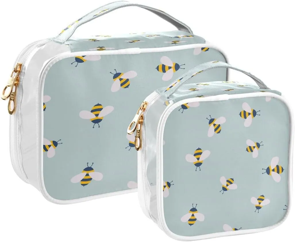 ALAZA Bee Green 2 Pcs Storage Bags Zippered Organizers Cosmetics Travel Case Toiletry Bag Transparent Tote Bags