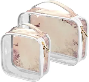 ALAZA Butterfly Flower Vintage 2 Pcs Storage Bags Zippered Organizers Cosmetics Travel Case Toiletry Bag Transparent Tote Bags