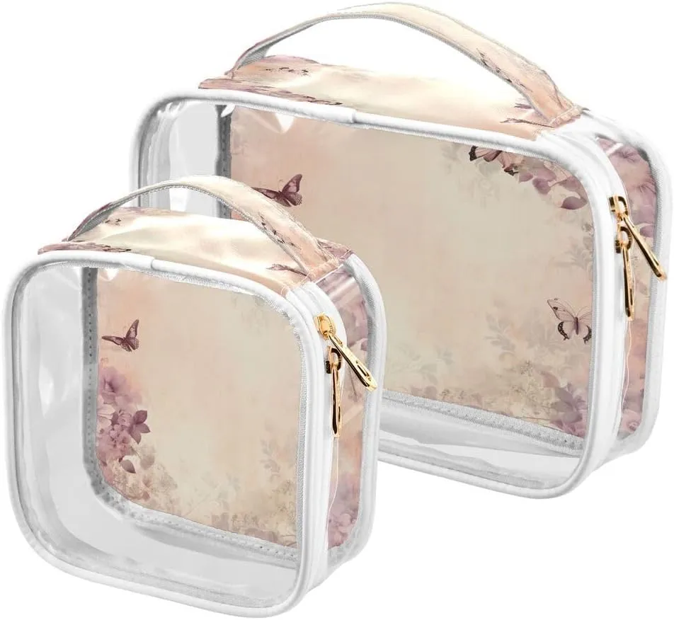 ALAZA Butterfly Flower Vintage 2 Pcs Storage Bags Zippered Organizers Cosmetics Travel Case Toiletry Bag Transparent Tote Bags