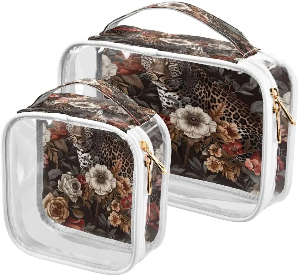 ALAZA Leopard Flower on Black 2 Pcs Storage Bags Zippered Organizers Cosmetics Travel Case Toiletry Bag Transparent Tote Bags