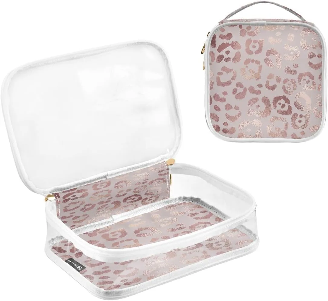 ALAZA Leopard Print Cheetah Rose Gold 2 Pcs Storage Bags Zippered Organizers Cosmetics Travel Case Toiletry Bag Transparent Tote Bags
