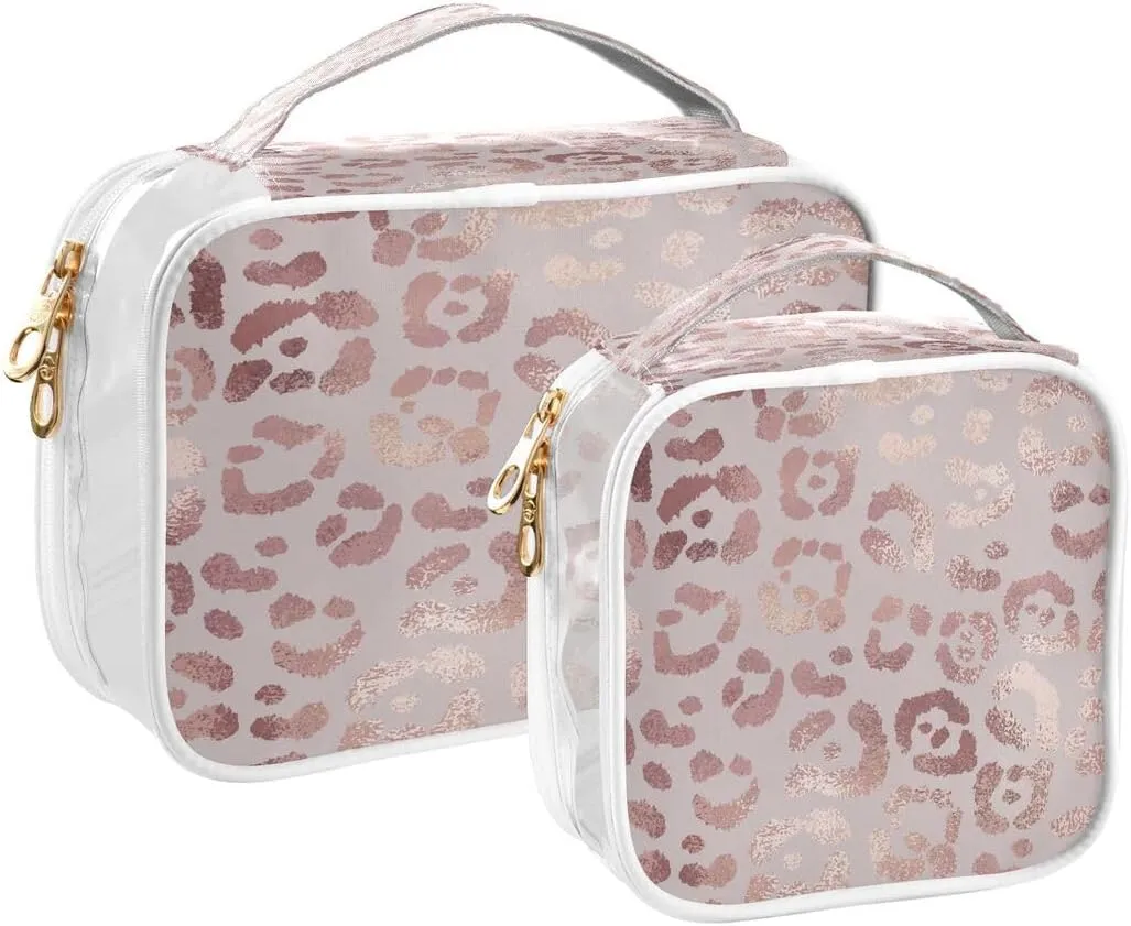ALAZA Leopard Print Cheetah Rose Gold 2 Pcs Storage Bags Zippered Organizers Cosmetics Travel Case Toiletry Bag Transparent Tote Bags