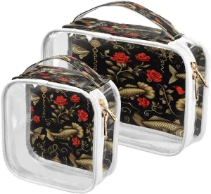 ALAZA Rose Flower Fish 2 Pcs Storage Bags Zippered Organizers Cosmetics Travel Case Toiletry Bag Transparent Tote Bags