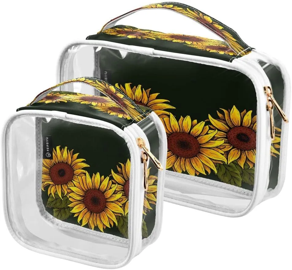 ALAZA Sunflower Flower Leaf 2 Pcs Storage Bags Zippered Organizers Cosmetics Travel Case Toiletry Bag Transparent Tote Bags