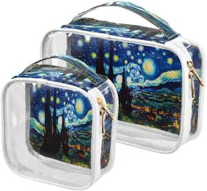 ALAZA Van Gogh Starry Night Mountain Art 2 Pcs Storage Bags Zippered Organizers Cosmetics Travel Case Toiletry Bag Transparent Tote Bags