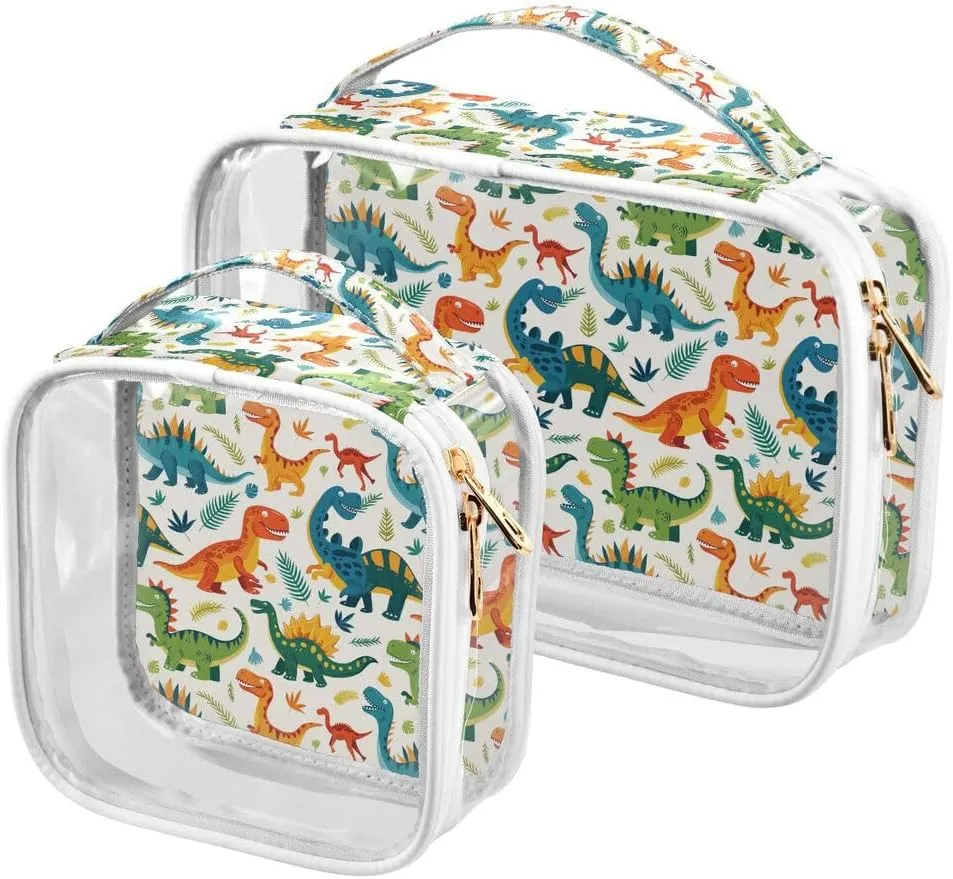 ALAZA Watercolor Leaf Dinosaur 2 Pcs Storage Bags Zippered Organizers Cosmetics Travel Case Toiletry Bag Transparent Tote Bags