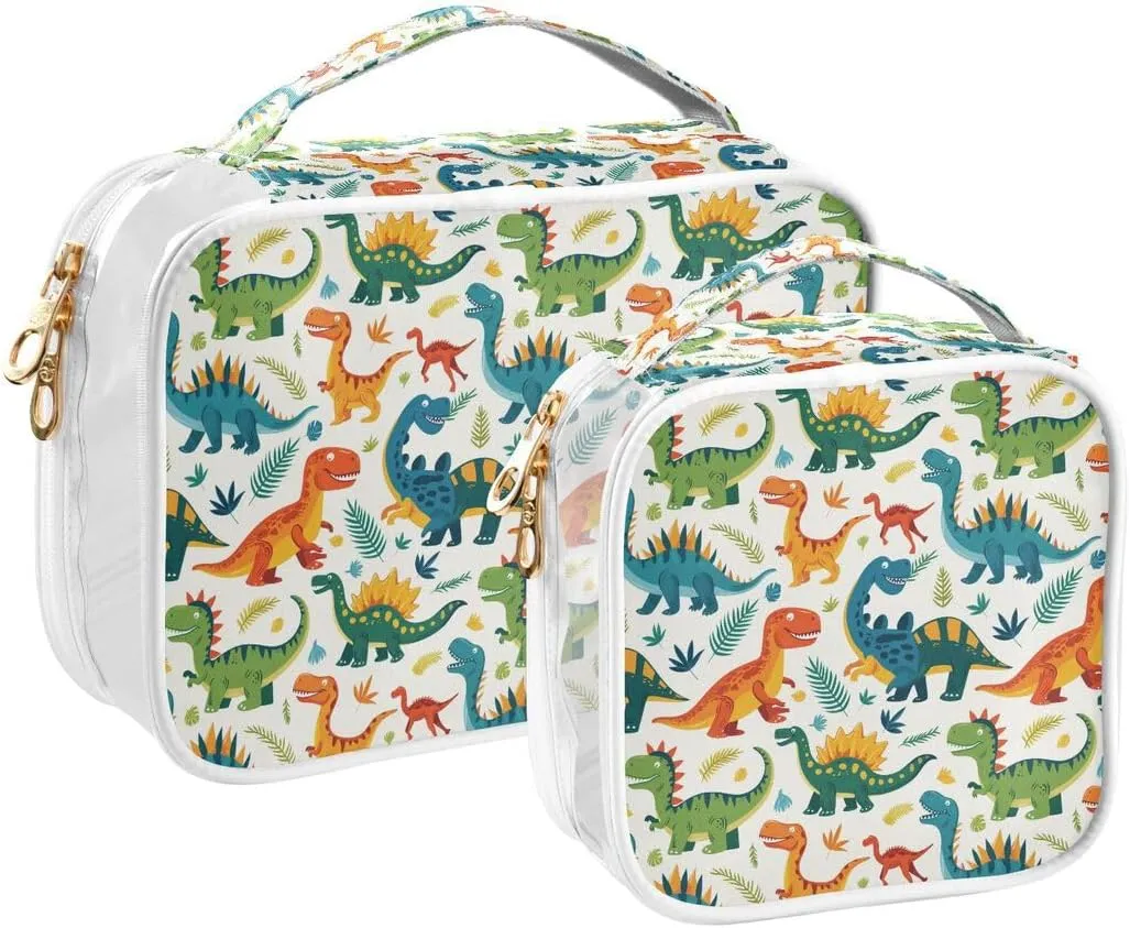 ALAZA Watercolor Leaf Dinosaur 2 Pcs Storage Bags Zippered Organizers Cosmetics Travel Case Toiletry Bag Transparent Tote Bags