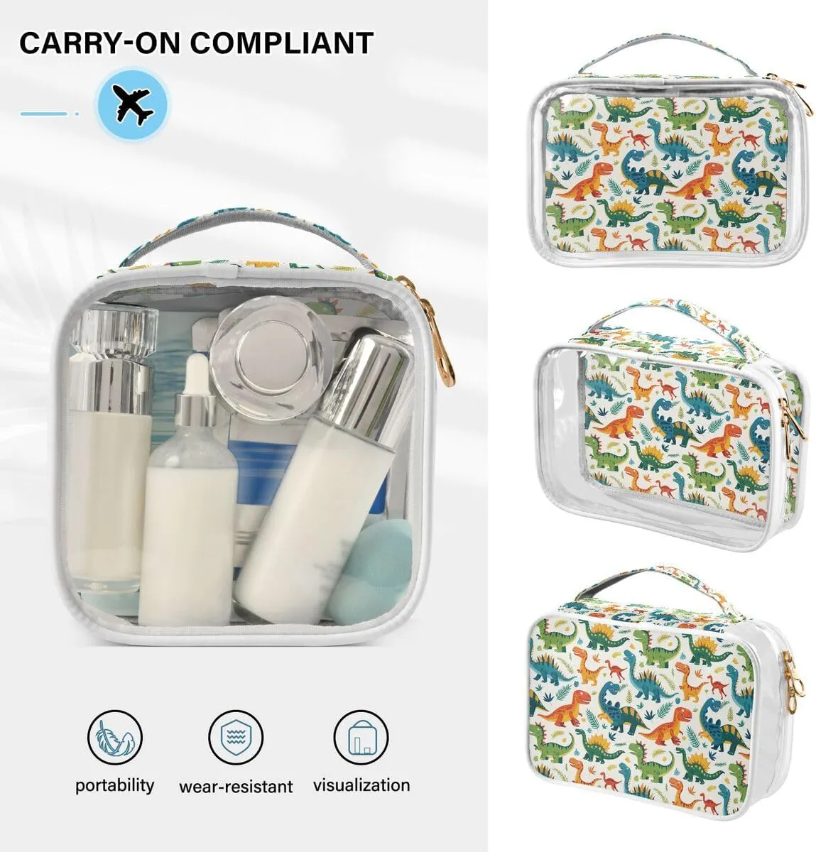 ALAZA Watercolor Leaf Dinosaur 2 Pcs Storage Bags Zippered Organizers Cosmetics Travel Case Toiletry Bag Transparent Tote Bags