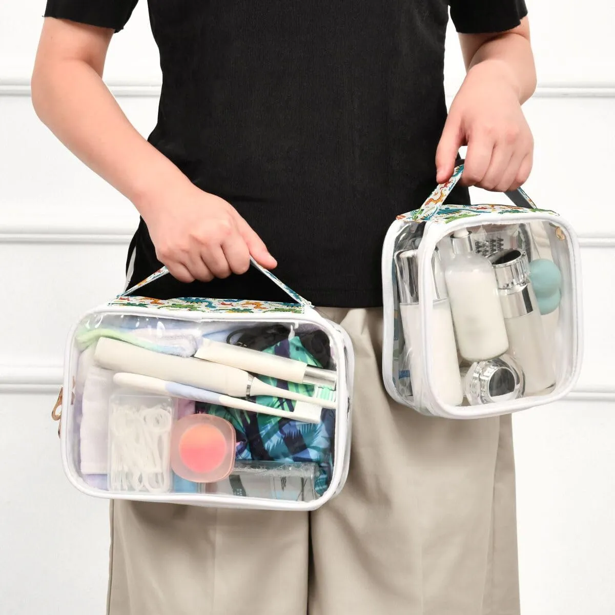 ALAZA Watercolor Leaf Dinosaur 2 Pcs Storage Bags Zippered Organizers Cosmetics Travel Case Toiletry Bag Transparent Tote Bags