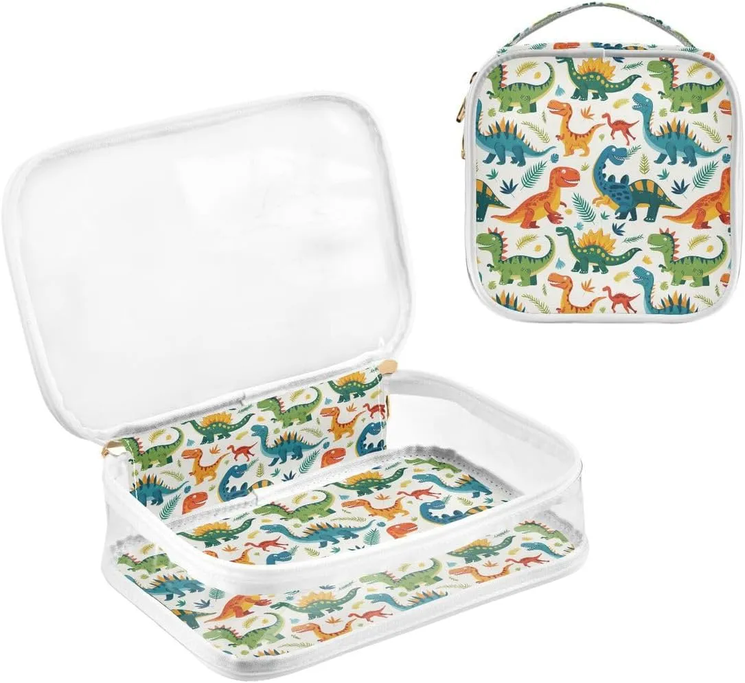 ALAZA Watercolor Leaf Dinosaur 2 Pcs Storage Bags Zippered Organizers Cosmetics Travel Case Toiletry Bag Transparent Tote Bags