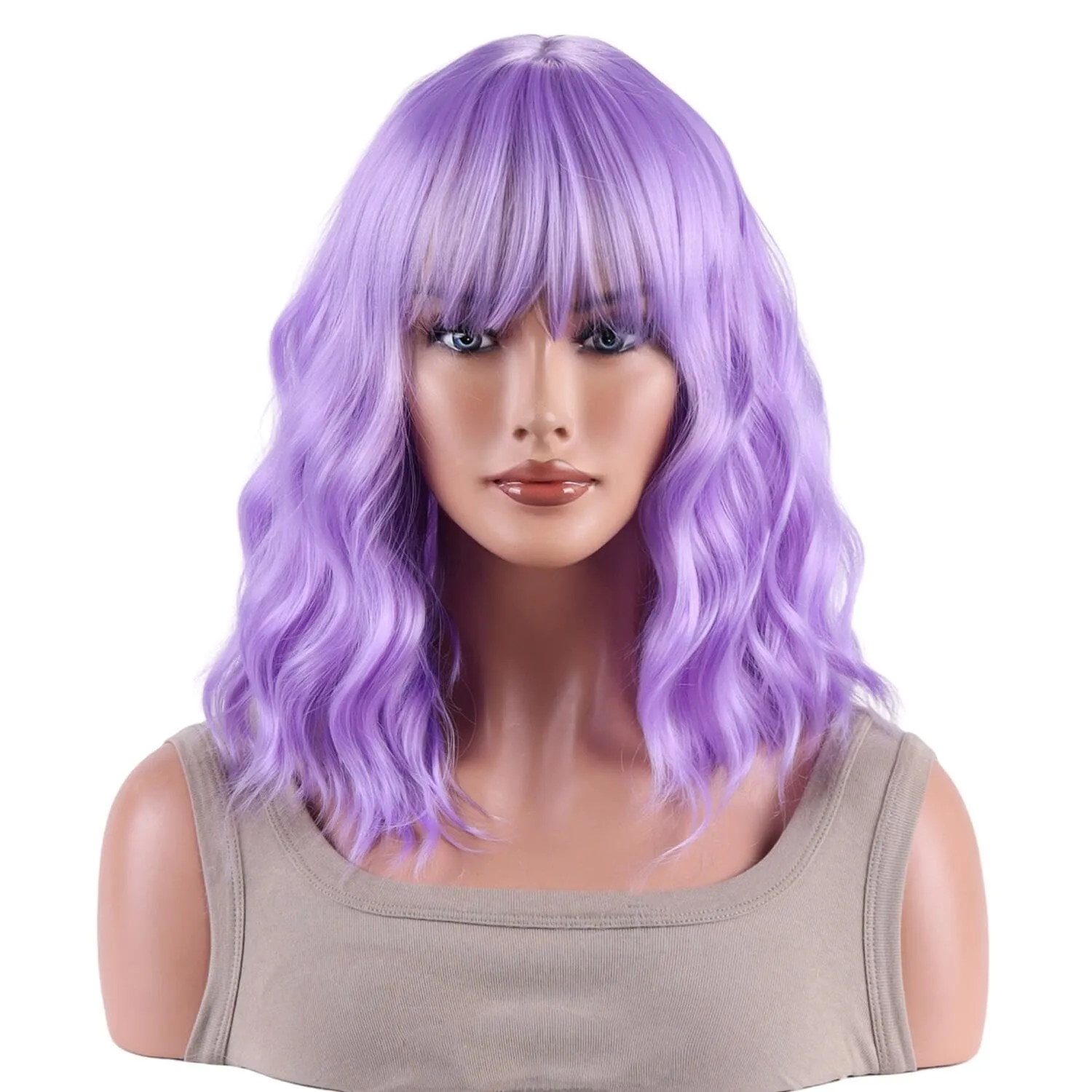 AneShe Lavender Purple Wig Short Purple Wavy Wig With Air Bangs Curly Synthetic Hair Wig Short Colorful Wavy Bob Wigs for Women Party Cosplay (14" Lavender Purple)