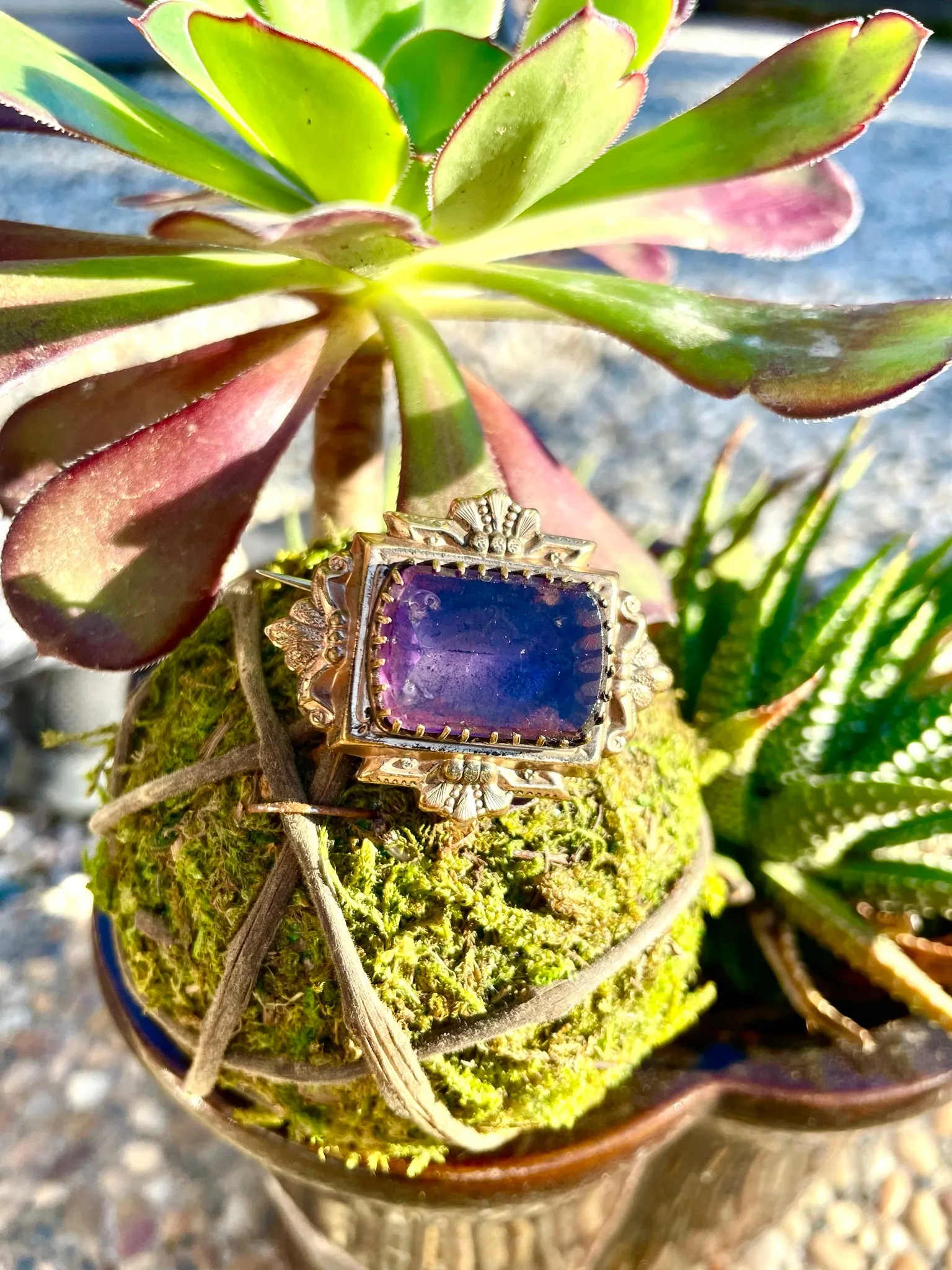 Antique Gold Filled Amethyst Purple Tone Stone w Cross inside Pendant Brooch Pin