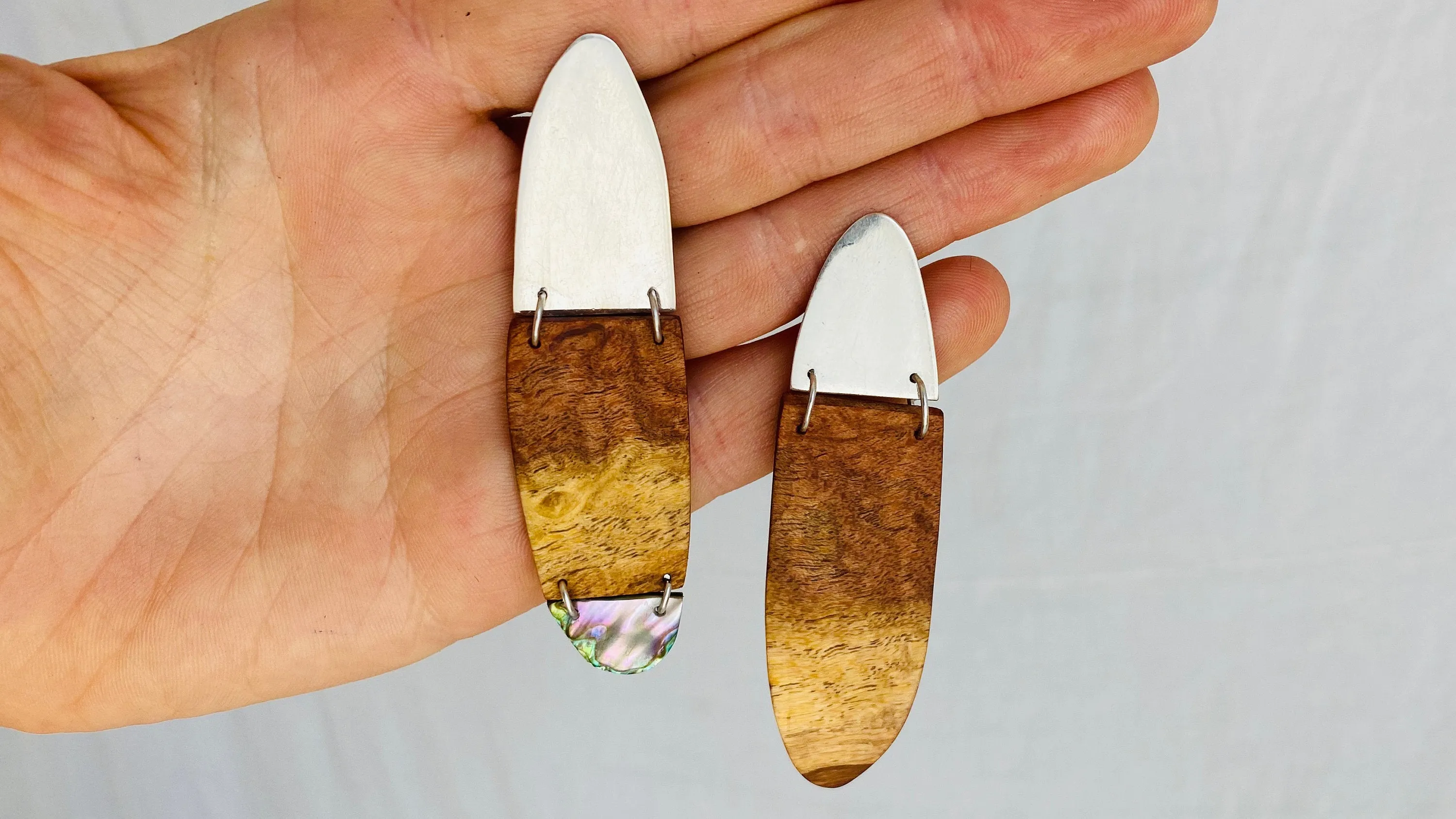 Asymmetrical Mesquite, Silver & Paua Earrings.