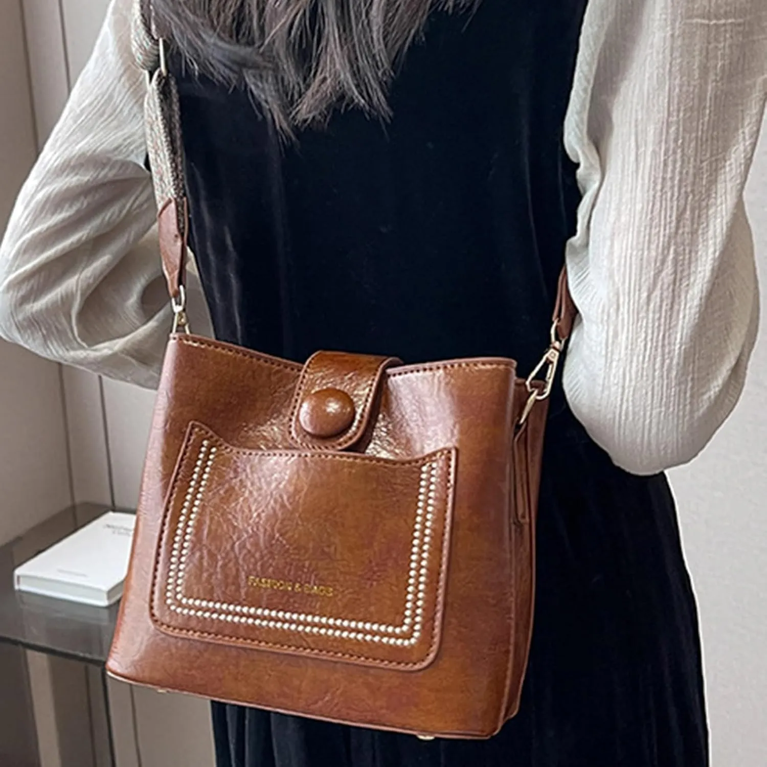 Atmneris Ladies Crossbody Purse Stylish Leather Shoulder Bags Vintage Removable Strap Tote Handbag Satchel Bag