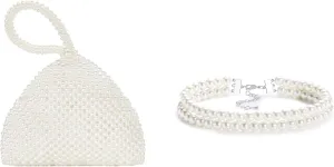 BABEYOND Pearl Clutch Purse Evening Bags for Women Elegant Triangle Purse for Wedding Bride Party Prom Round Imitation Pearl Choker Necklace Multi Strands Choker 20s Flapper Necklace Accessories