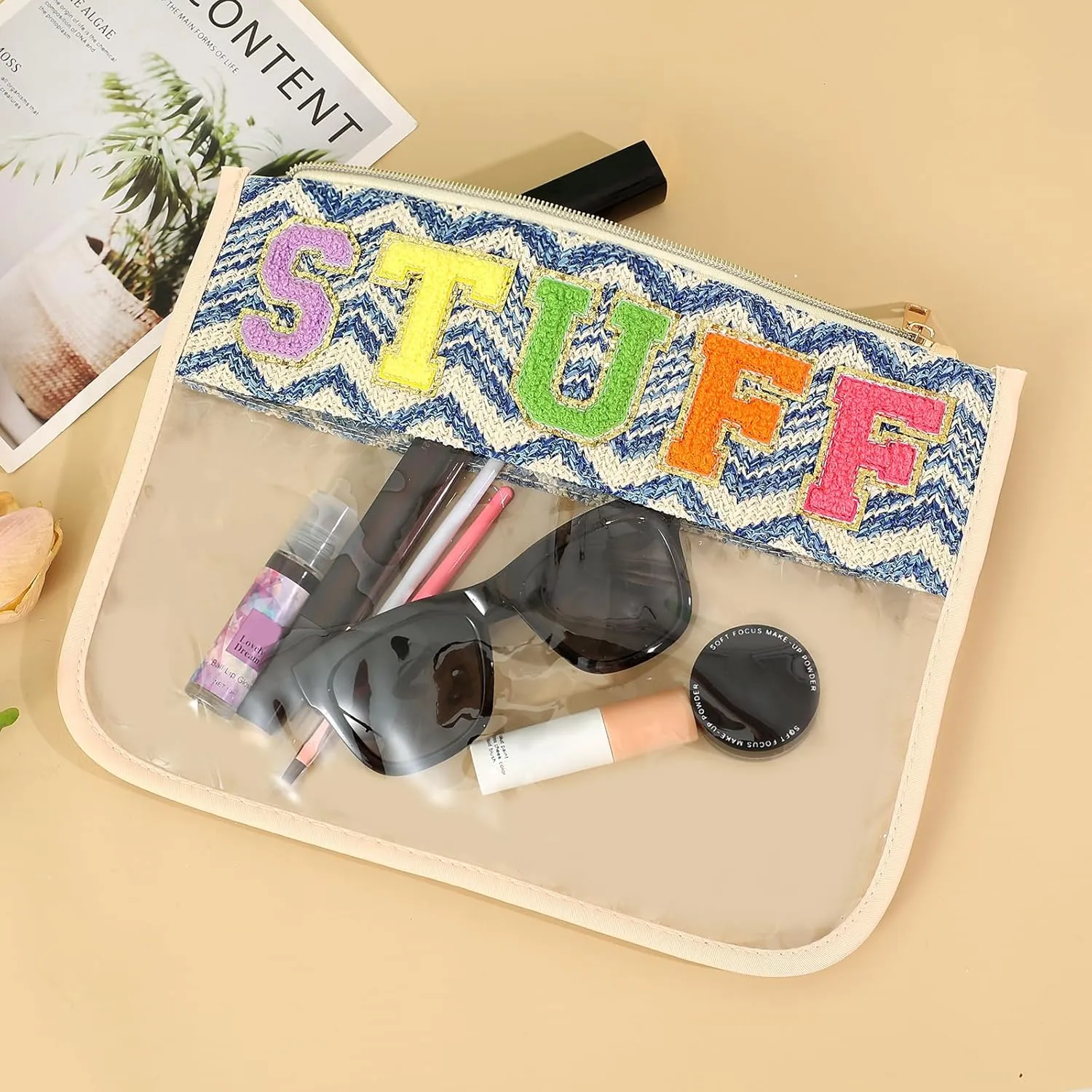 BCRMPT Chenille Letter Stuff Bag Boho Patch Travel Cosmetic Pouch,Preppy Makeup Bag Clear Cosmetic Toiletry Bags,Clear Makeup Letter Bag Waterproof Zipper Nylon Pouch for Women