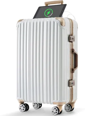 Bed Bath & Beyond Aluminum Luggage with USB port, Vacation Carry-On Suitcase with Spinner Wheels and TSA Lock, Travel Trolley Case Business Trips Gloss White