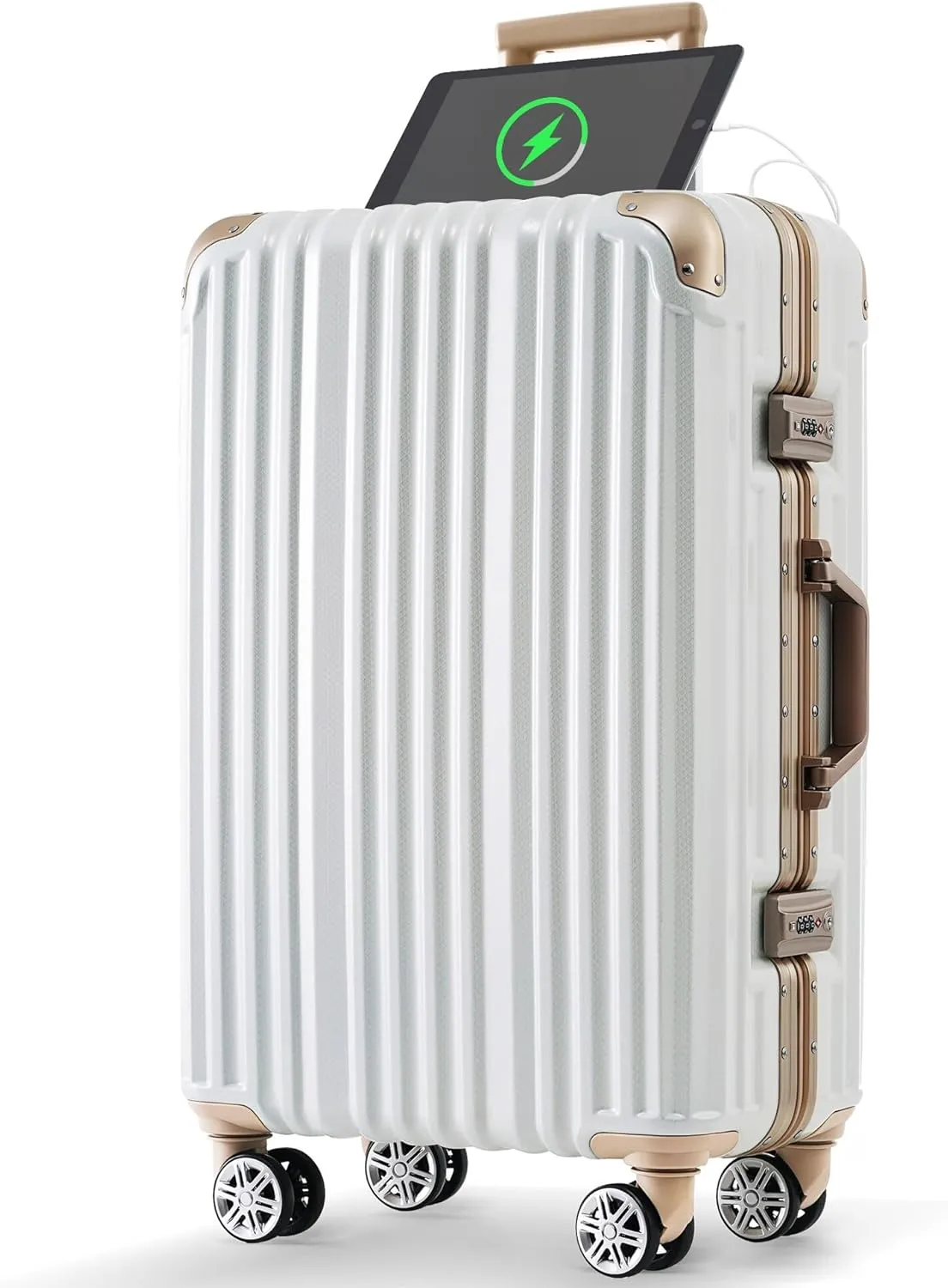 Bed Bath & Beyond Aluminum Luggage with USB port, Vacation Carry-On Suitcase with Spinner Wheels and TSA Lock, Travel Trolley Case Business Trips Gloss White