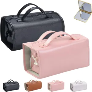 Binozinco Cosmetic Bag - Leather Waterproof Cosmetic Bag, Detachable 4 In 1 Roll Up Makeup Bag, Spacious & Efficient Storage, Hanging Cosmetic Travel Bag for Women (A)
