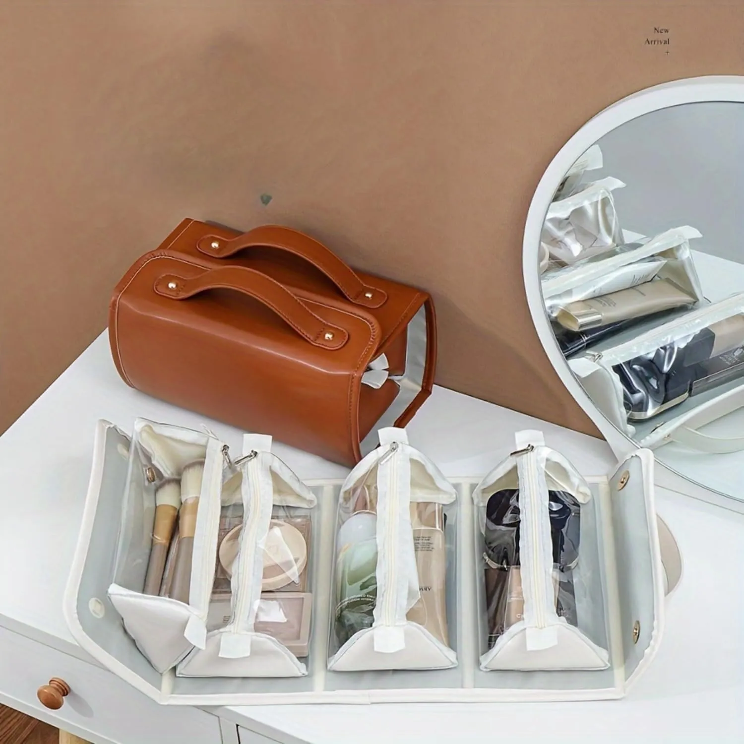 Binozinco Cosmetic Bag - Leather Waterproof Cosmetic Bag, Detachable 4 In 1 Roll Up Makeup Bag, Spacious & Efficient Storage, Hanging Cosmetic Travel Bag for Women (B)