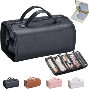 Binozinco Cosmetic Bag - Leather Waterproof Cosmetic Bag, Detachable 4 In 1 Roll Up Makeup Bag, Spacious & Efficient Storage, Hanging Cosmetic Travel Bag for Women (Black)