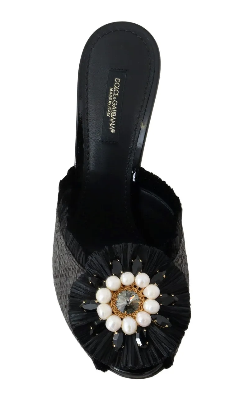 Black Straw Open Toes Crystal Sandals