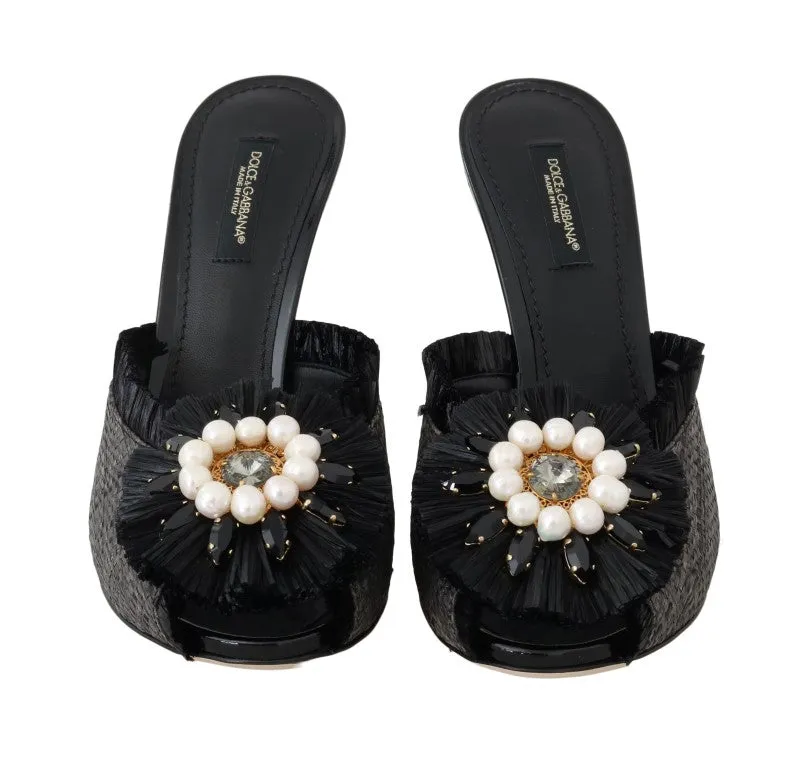 Black Straw Open Toes Crystal Sandals