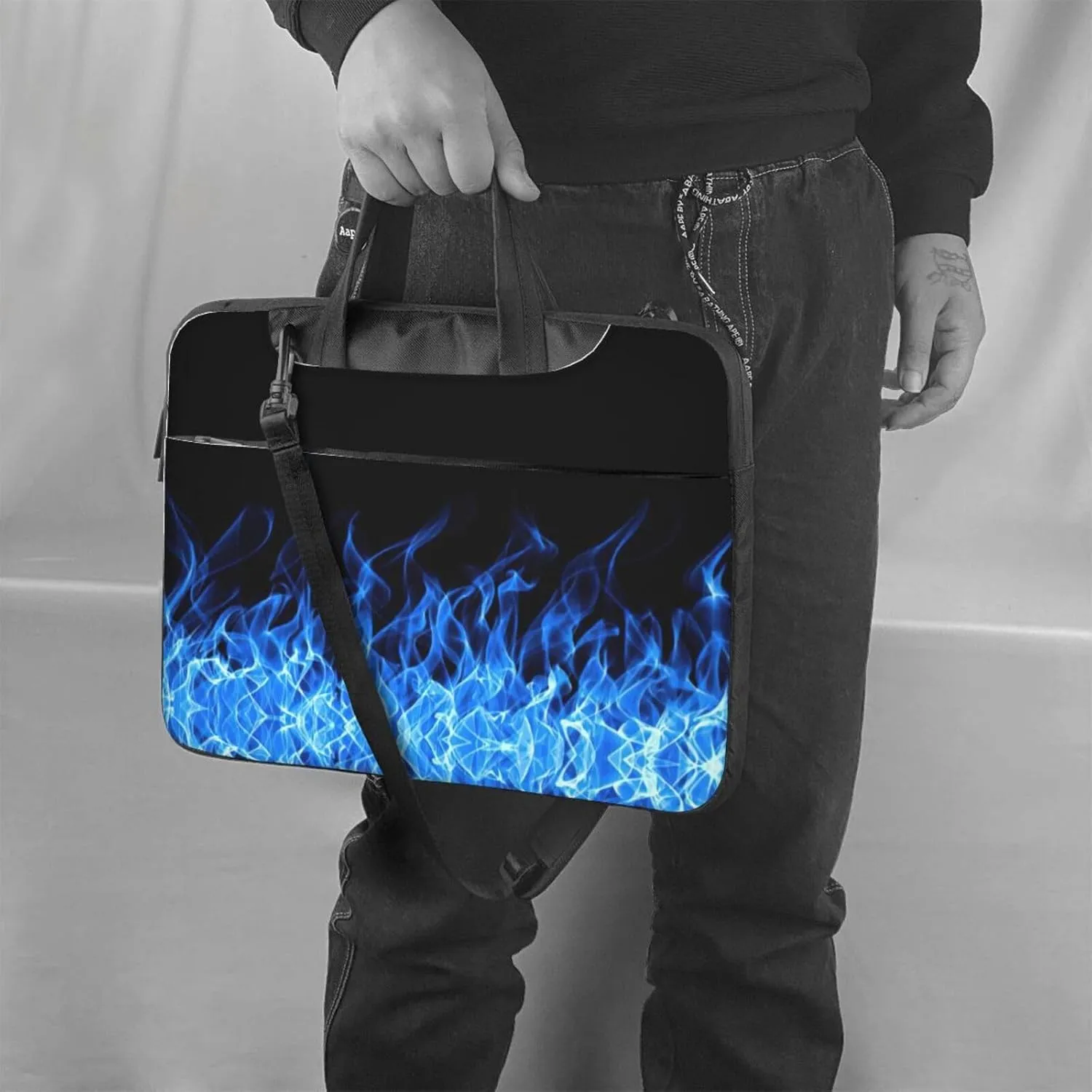 Blue Flame Print Laptop Bag Laptop Case Shoulder Laptop Bag with Padded Protection Spacious Pockets, Black