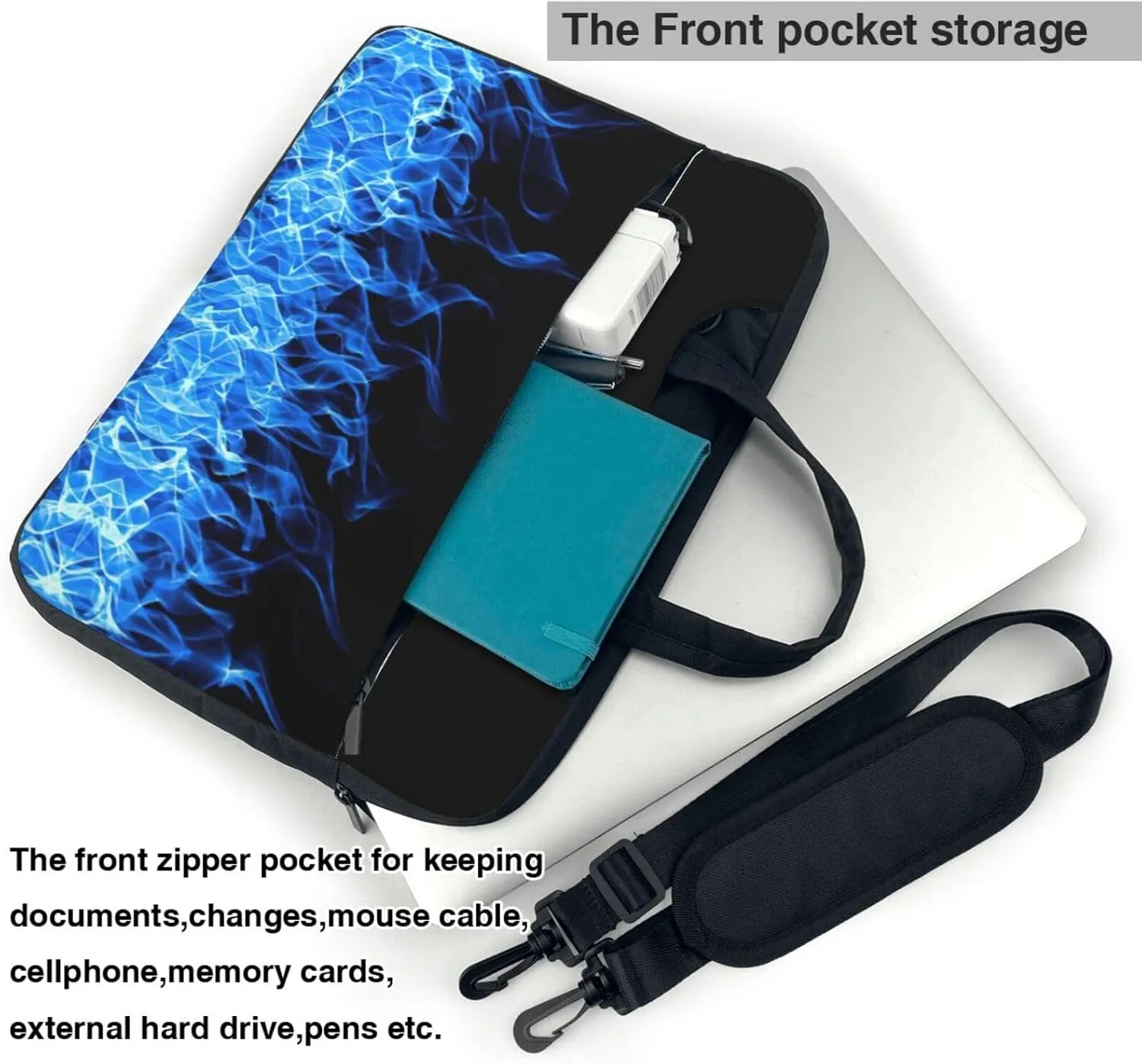 Blue Flame Print Laptop Bag Laptop Case Shoulder Laptop Bag with Padded Protection Spacious Pockets, Black