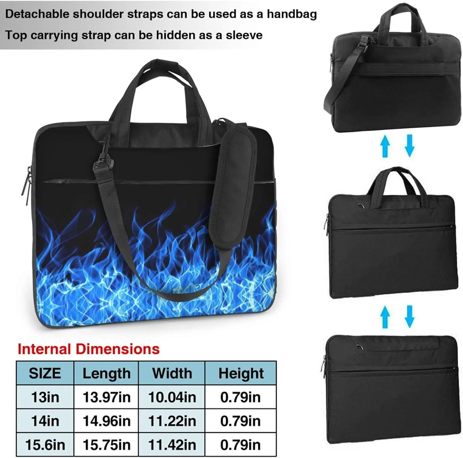 Blue Flame Print Laptop Bag Laptop Case Shoulder Laptop Bag with Padded Protection Spacious Pockets, Black