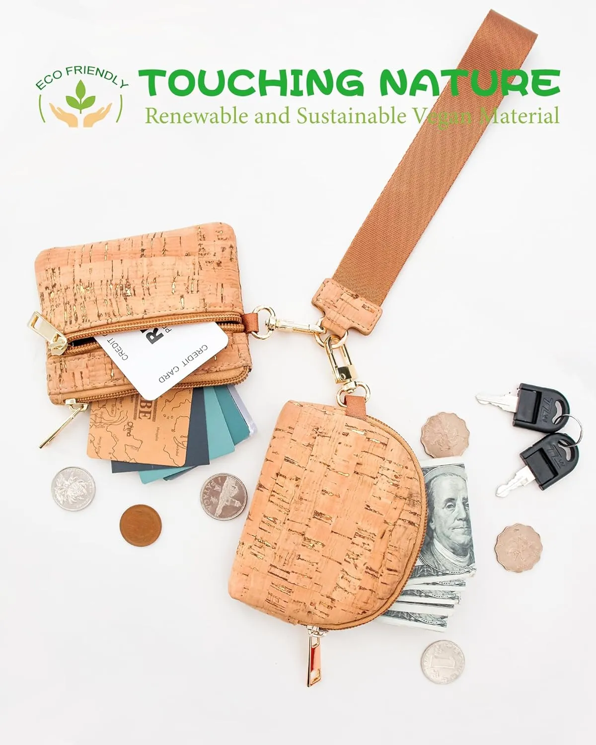 boshiho Vegan Cork Wallet, Womens Purse Slim Zipper Design with Card Holder Coin Pocket Purse Eco-friendly Vegan Gift