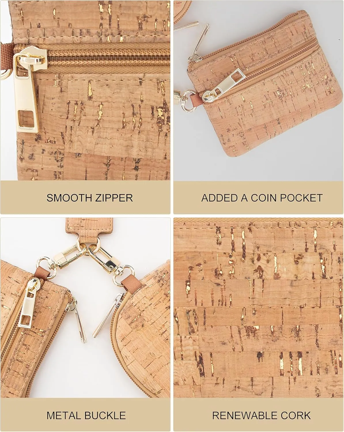 boshiho Vegan Cork Wallet, Womens Purse Slim Zipper Design with Card Holder Coin Pocket Purse Eco-friendly Vegan Gift