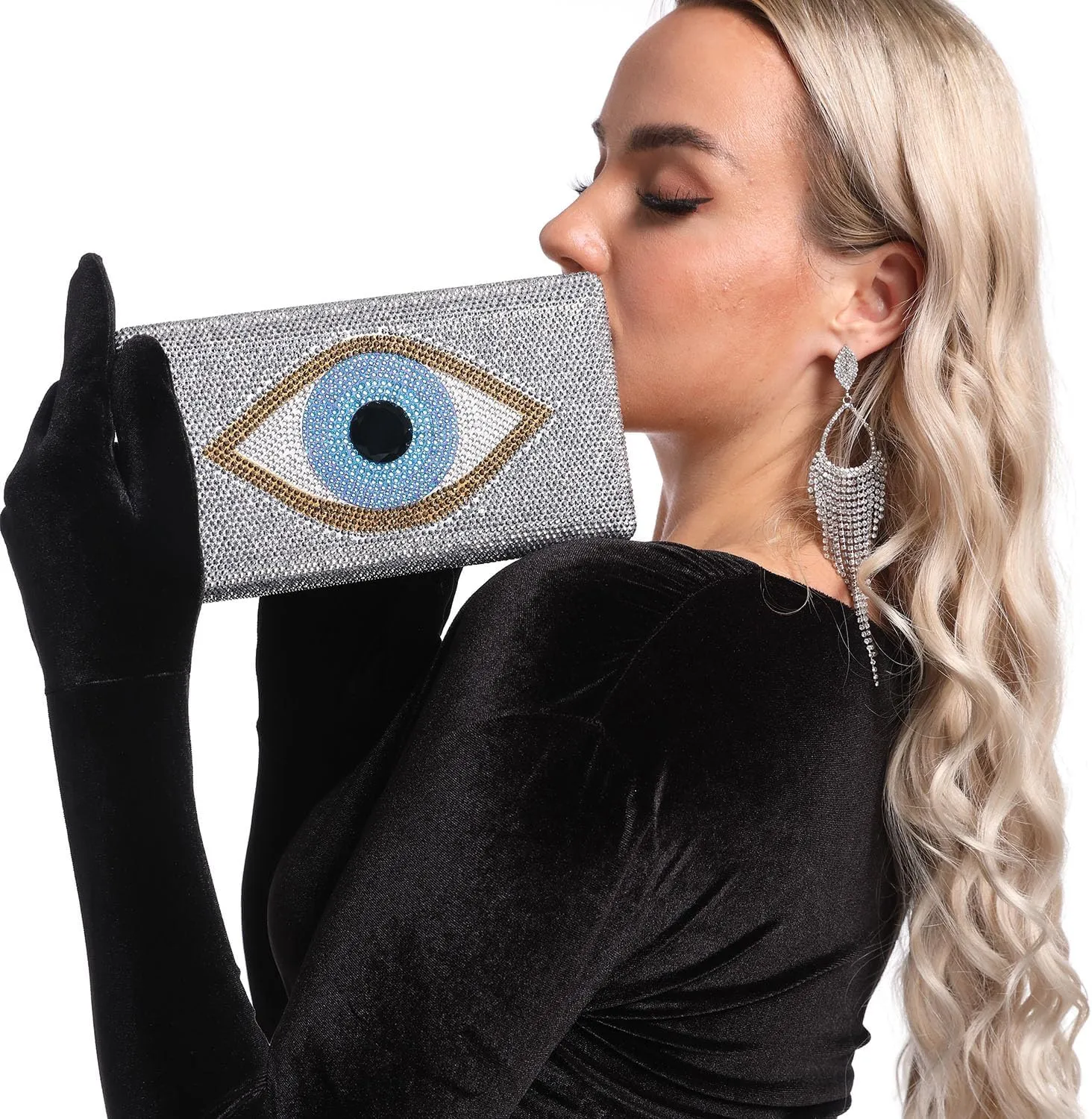 Boutique De FGG Evil Eye Rhinestone Clutch Purses for Women Formal Evening Bags Party Crystal Clutch Bag Prom Handbag,Mini