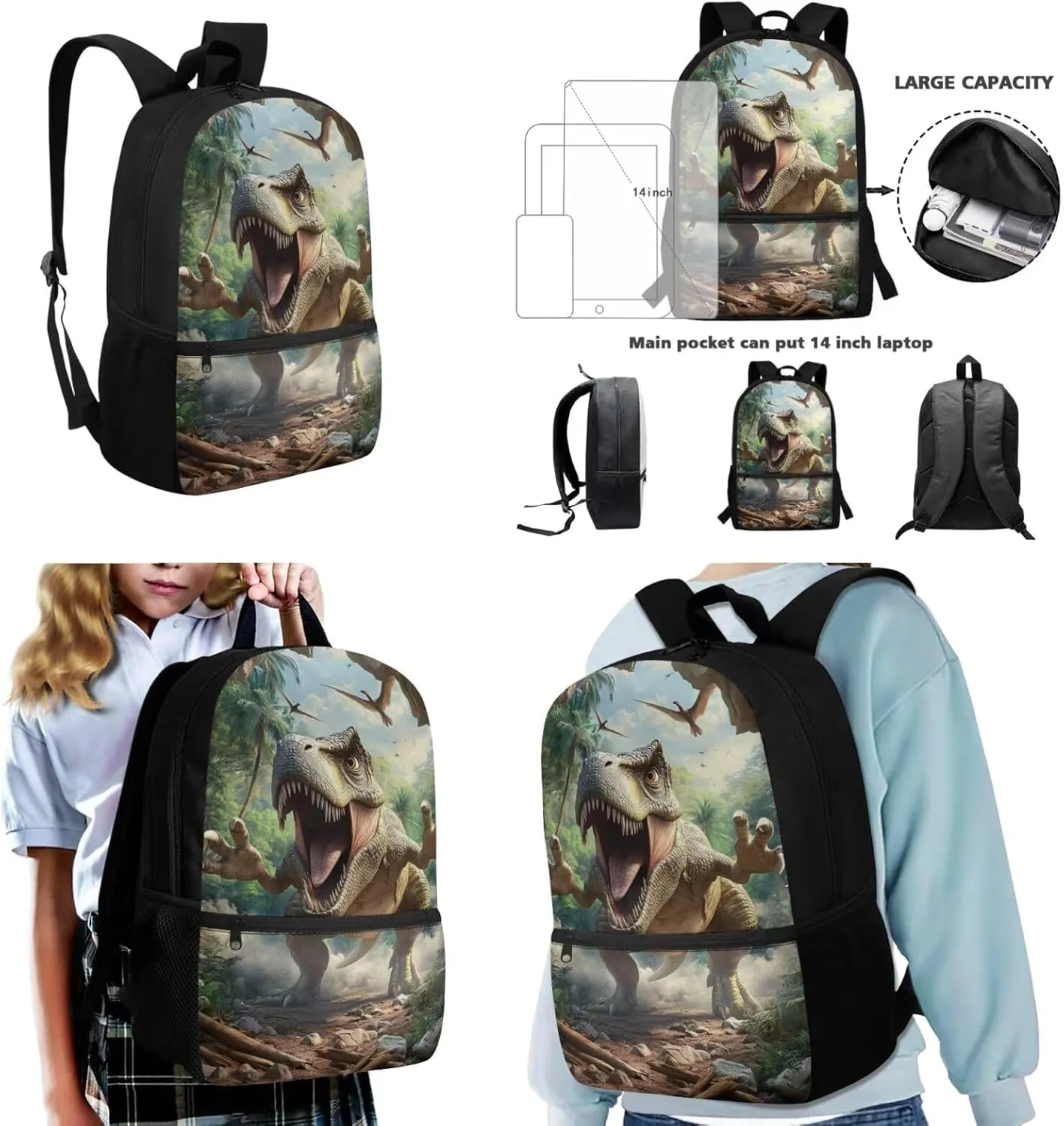 Boys Dinosaur Backpack Set with Lunch Box 3 Piece Lightweight Bookbag Ergonomic Spacious Cool 5th Grade School Bags for Field Trips Age 10-11 Travel Rucksack