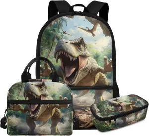 Boys Dinosaur Backpack Set with Lunch Box 3 Piece Lightweight Bookbag Ergonomic Spacious Cool 5th Grade School Bags for Field Trips Age 10-11 Travel Rucksack