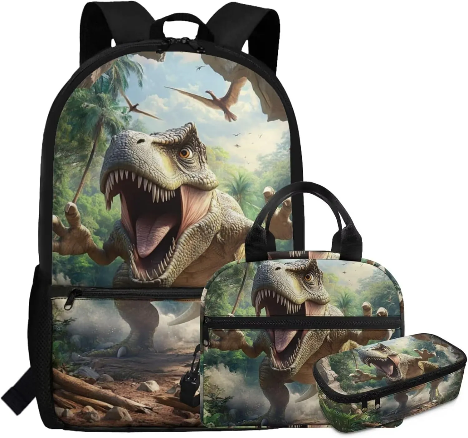 Boys Dinosaur Backpack Set with Lunch Box 3 Piece Lightweight Bookbag Ergonomic Spacious Cool 5th Grade School Bags for Field Trips Age 10-11 Travel Rucksack