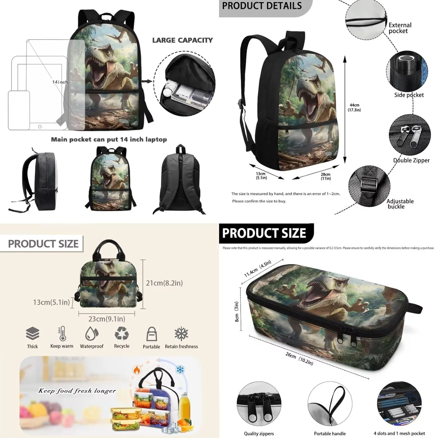 Boys Dinosaur Backpack Set with Lunch Box 3 Piece Lightweight Bookbag Ergonomic Spacious Cool 5th Grade School Bags for Field Trips Age 10-11 Travel Rucksack