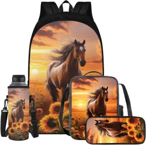 Brown Horse Kindergarten Backpack for Boys Girls with Lunchbox Multi-Functional Kids School Bag Cool Shoulder Laptop Daypack Cute School Supplies Set for Teens 4 Pieces
