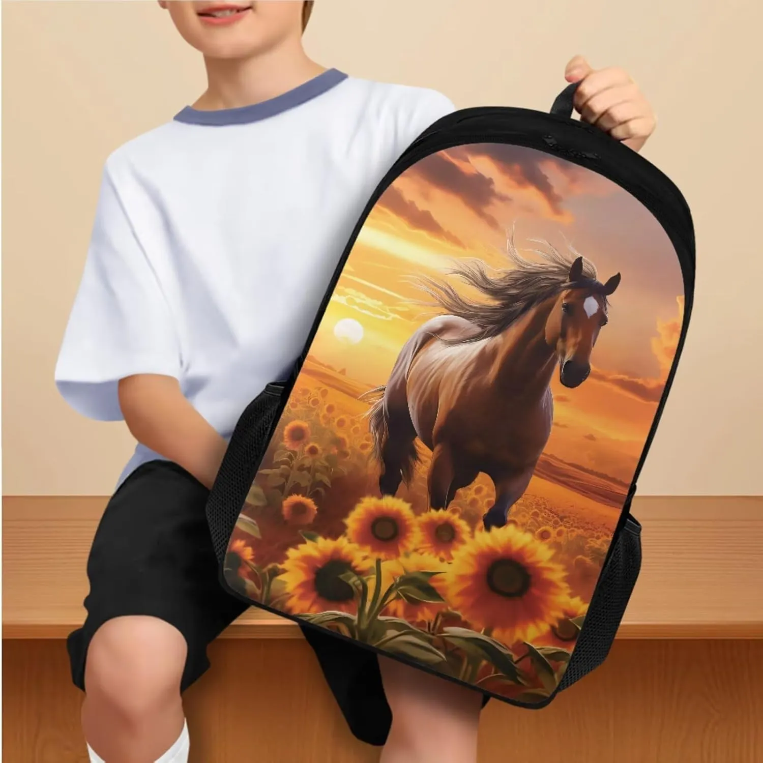 Brown Horse Kindergarten Backpack for Boys Girls with Lunchbox Multi-Functional Kids School Bag Cool Shoulder Laptop Daypack Cute School Supplies Set for Teens 4 Pieces