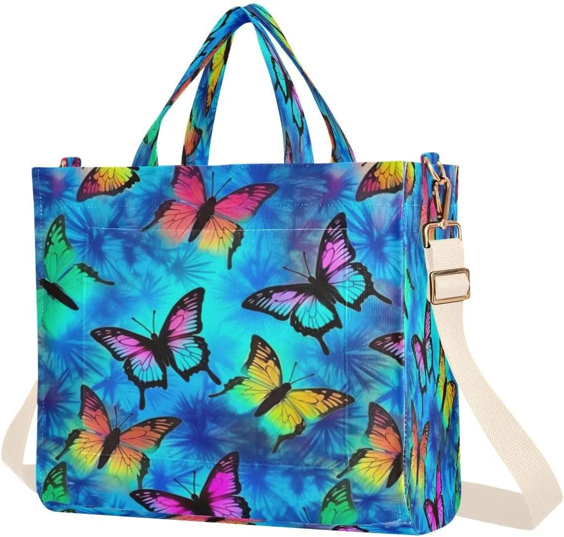 Butterflies Blue Corduroy Tote Bag for Women Hobo Crossbody Bag Purse Stylish Shoulder Handbag Messenger Bags, S