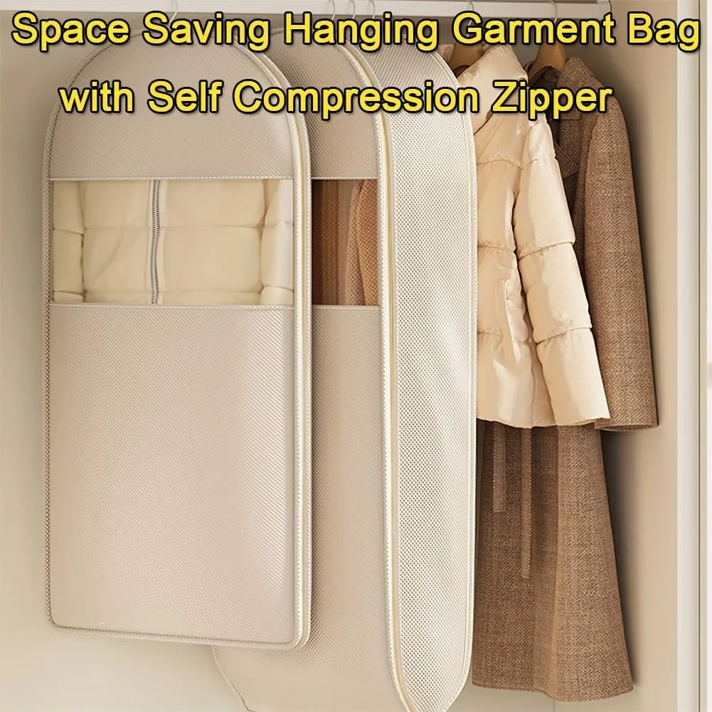 Cautiecimal Space Saving Hanging Garment Bag with Self Compression Zipper, Self Compression Zip Garment Bags, Space Saving Hanging Bag, Protects Clothes from Wrinkles (Beige-2PC, M)