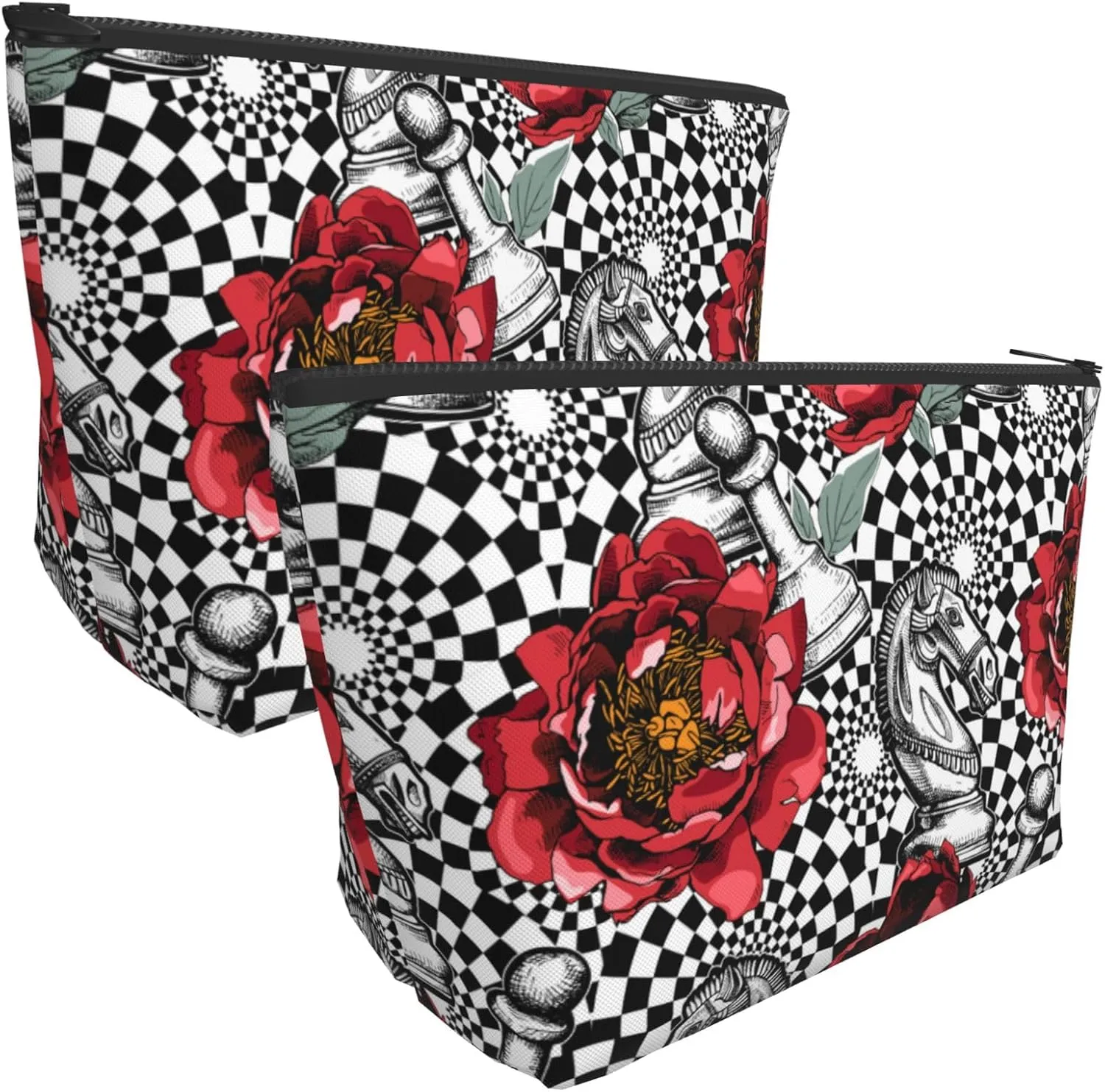 Cosmetic Bags For Women Handbags Purses Makeup Organizer Storage Makeup Bag (Red Peony flowers black white Chess checkered horse floral)